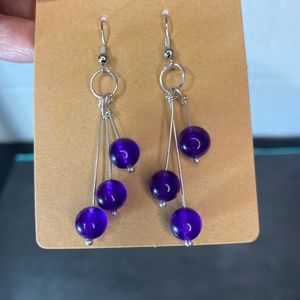 Round Purple Beads Three Pins Dangle Earrings
